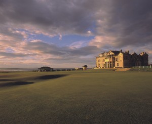 The Royal and Ancient Clubhouse overlooks the first tee and the eighteenth green of the Old Course, St Andrews.