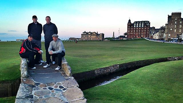 The author, front right, and his pals pose for the requisite photo-op on the Swilcan Bridge at St. Andrews. Photo by Matt Ginella