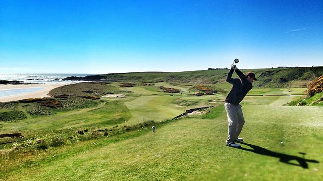 The author tees off on the 10th hole of Cruden Bay, the idealized essence of Scottish golf. Photo by Matt Ginella