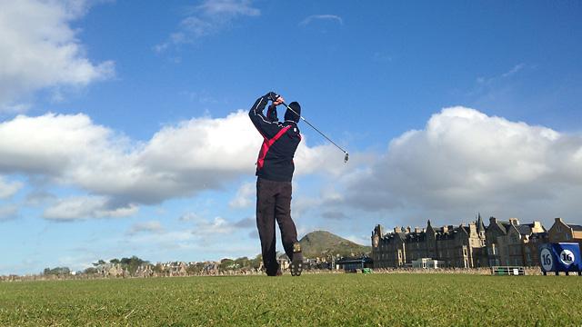 The author tees off on the 16th hole at North Berwick West, one of Scotland's most charming courses.