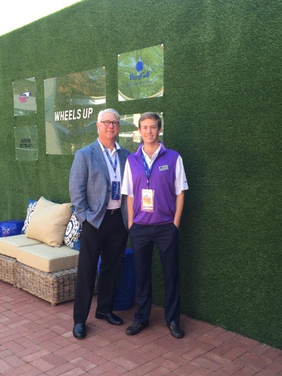 PerryGolf's Mark Barnes and Harrison Gould outside at the Wheels Up Masters Hospitality House