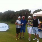 Mr & Mrs Holliday and Mr & Mrs Quinton enjoy a snack and a drink at the Kingsbarns halfway house.