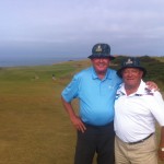 J. Weatherall of Blufton SC, former production director for the TV series The Love Boat, and C. Ferrara also of Blufton SC pose at Kingsbarns in matching sun hats.