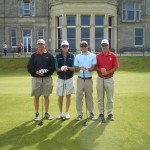 D. Levy, S. Spencer, S. Carter and W. Carter about to tee off on the Old Course at St Andrews. — in St Andrews, Scotland.