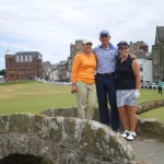 Houstonian’s S. Mack with D. Bishop and L. Tinley on the Swilcan Bridge at the Old Course at St Andrews. — in St Andrews, Scotland.