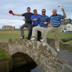 PerryGolf’s Keith Baird, A. Larose and T. and S. Thompson on the Swilcan Bridge at the Old Course at St Andrews. — in St Andrews, Scotland.