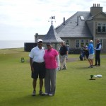 Mr. and Mrs. Venkatesh head out in the sunshine at Kingsbarns Golf Links. — in St Andrews, Scotland.