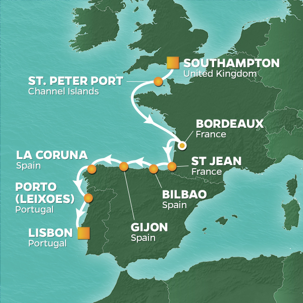 2023 France, Spain & Portugal Golf Cruise Map