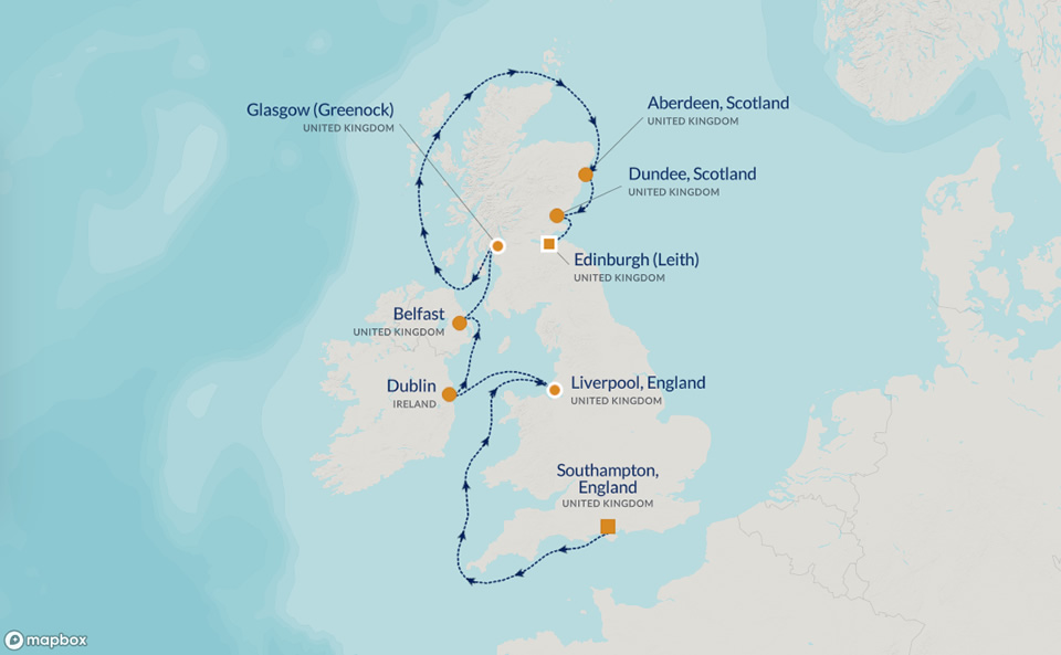 PerryGolf 2025 BRITISH ISLES & 153rd OPEN GOLF CRUISE Map