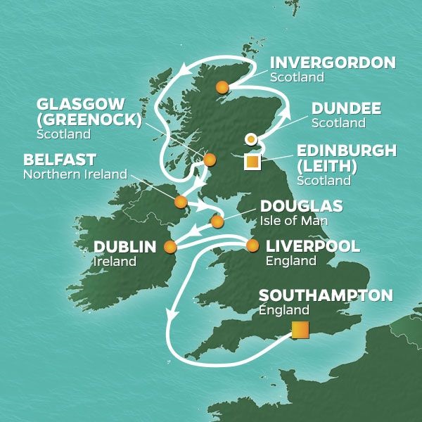 PerryGolf 2022 BRITISH ISLES & 150th OPEN GOLF CRUISE Map