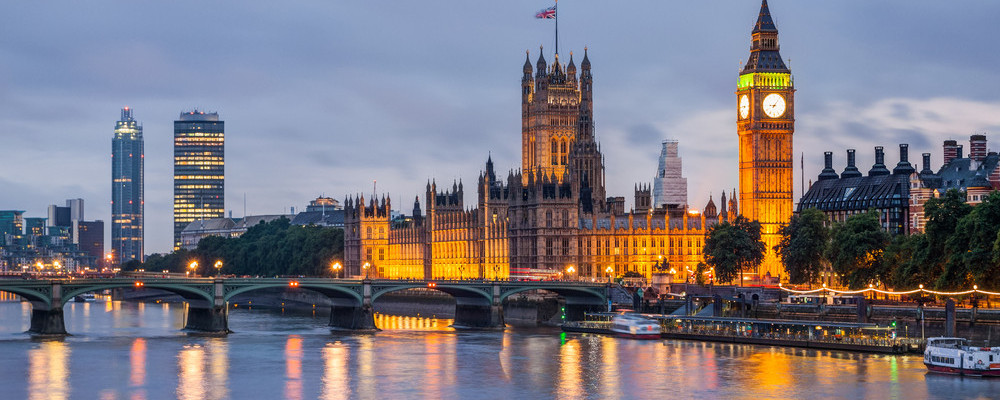 Big Ben and Westminster Bridge at dusk, London, UK